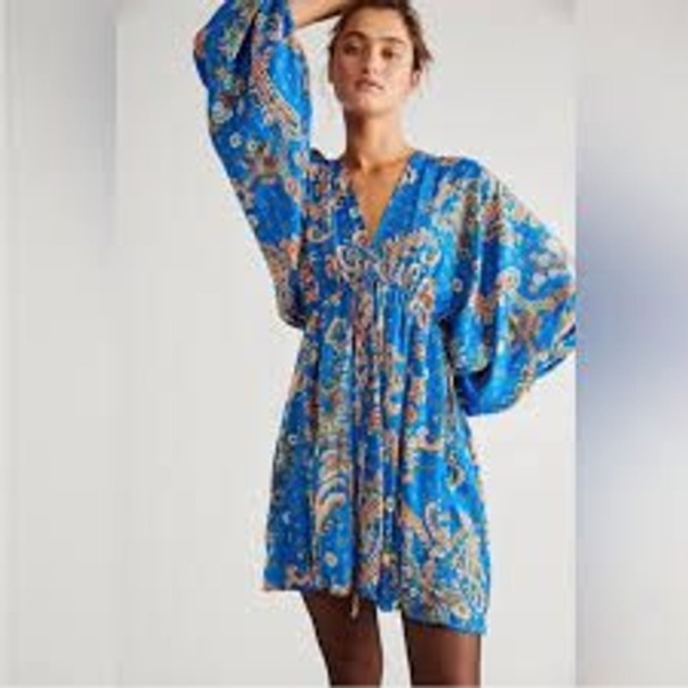 Free People Blue Paisley Floral Deep Mini Dress Blue SMALL Boho Festival Flowy